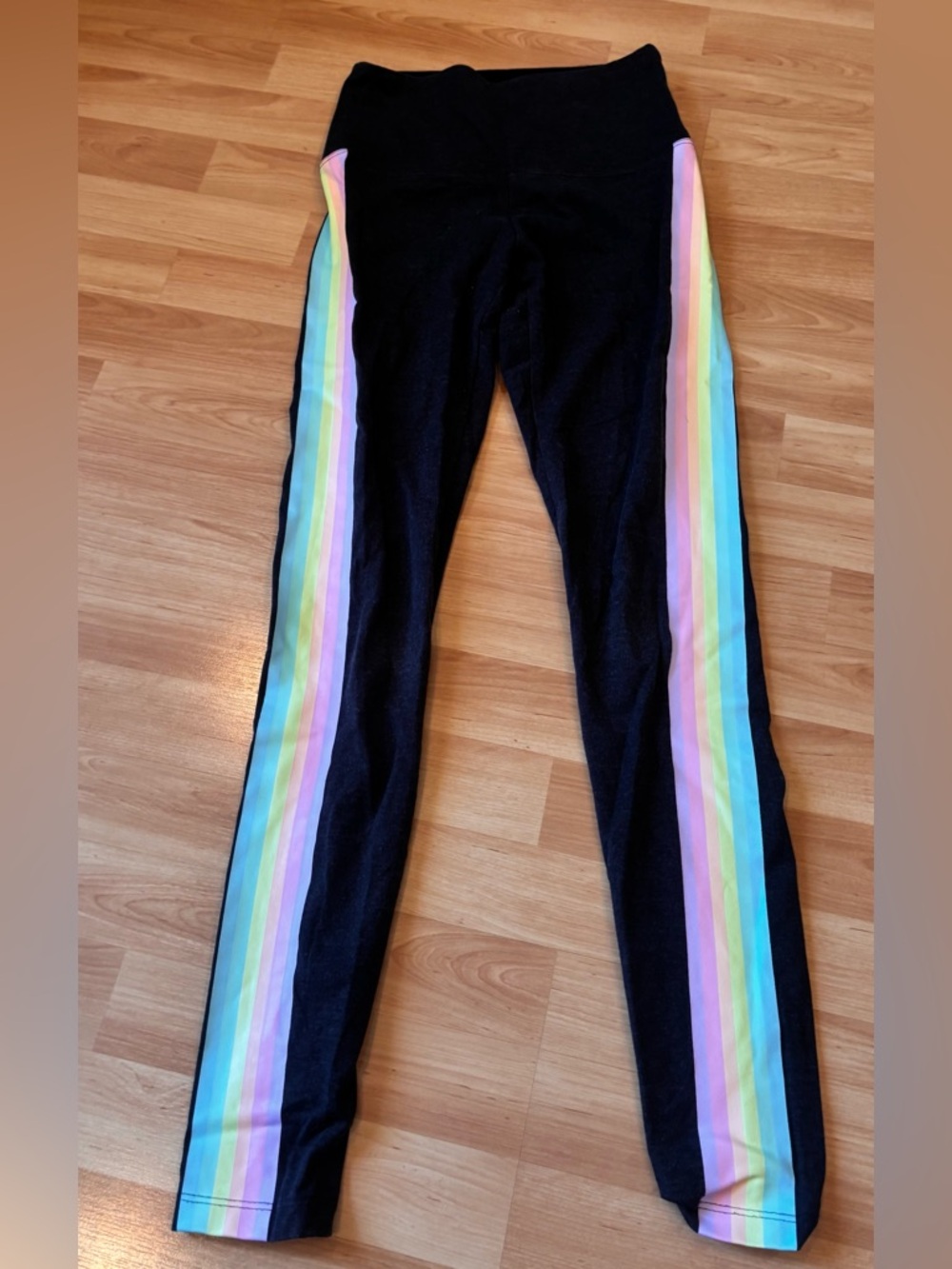PINK Yoga Victoria's Secret Black Leggings with Pastel Rainbow Side Stripes